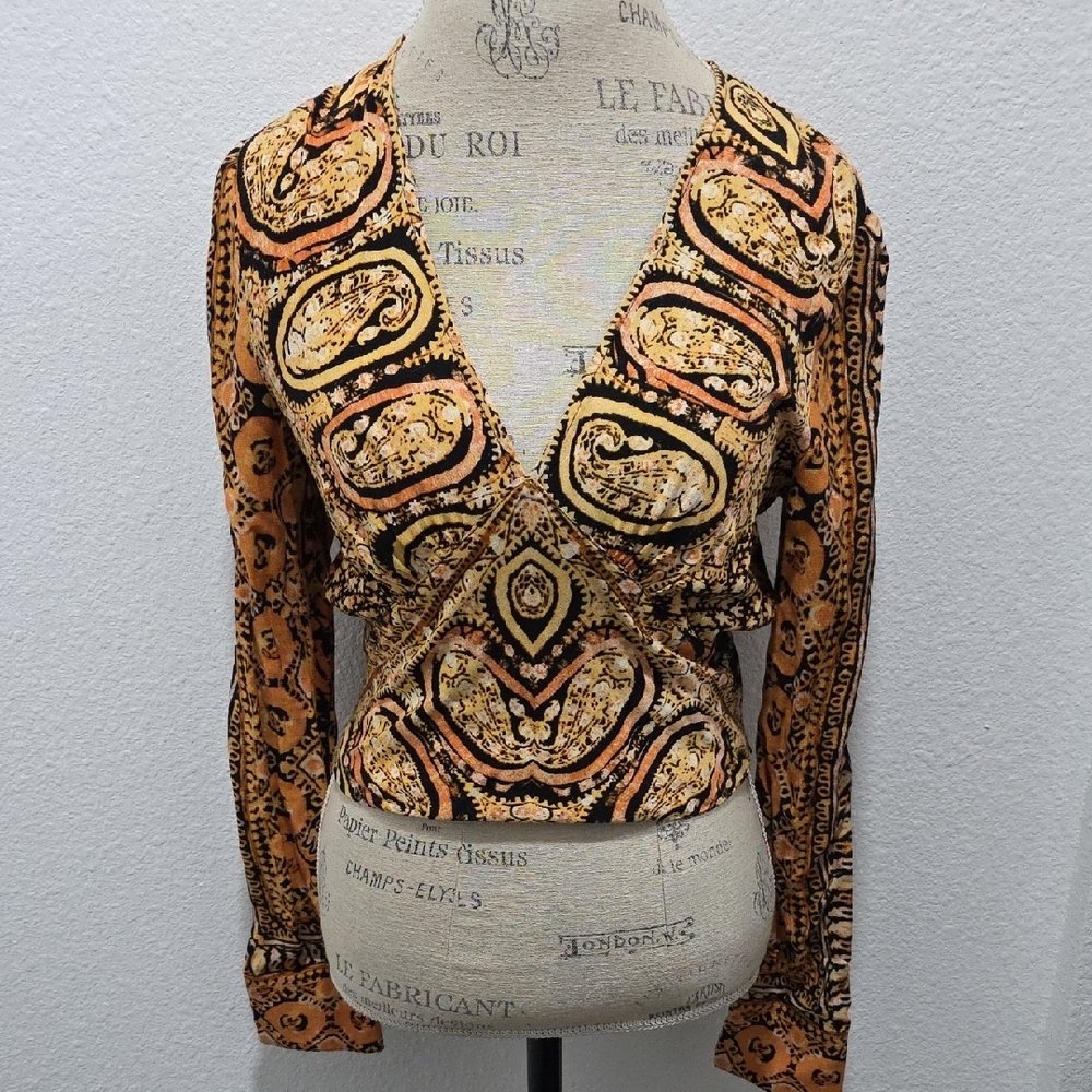 Free People Bohemian V-Neck Blouse in Black and Tan - Picture 3 of 4